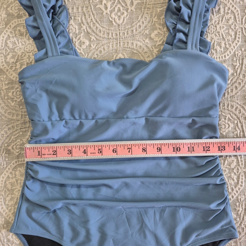 AIMAGE Blue Ruched One Piece Swimsuit Ruffle Strap Tummy Control Size Small - Picture 5 of 8